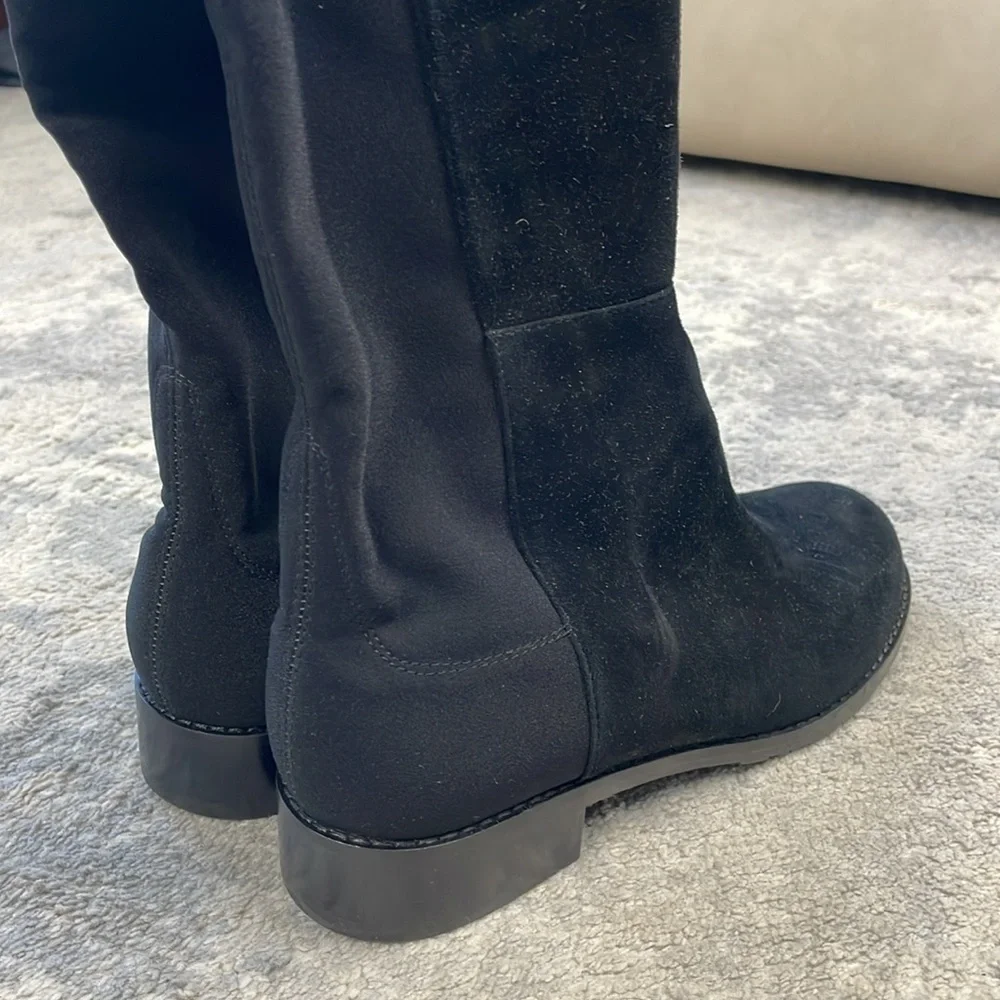 New Stuart Weitzman 5050 Suede Riding Boots Knee High Black Low Heel Sz 5.5